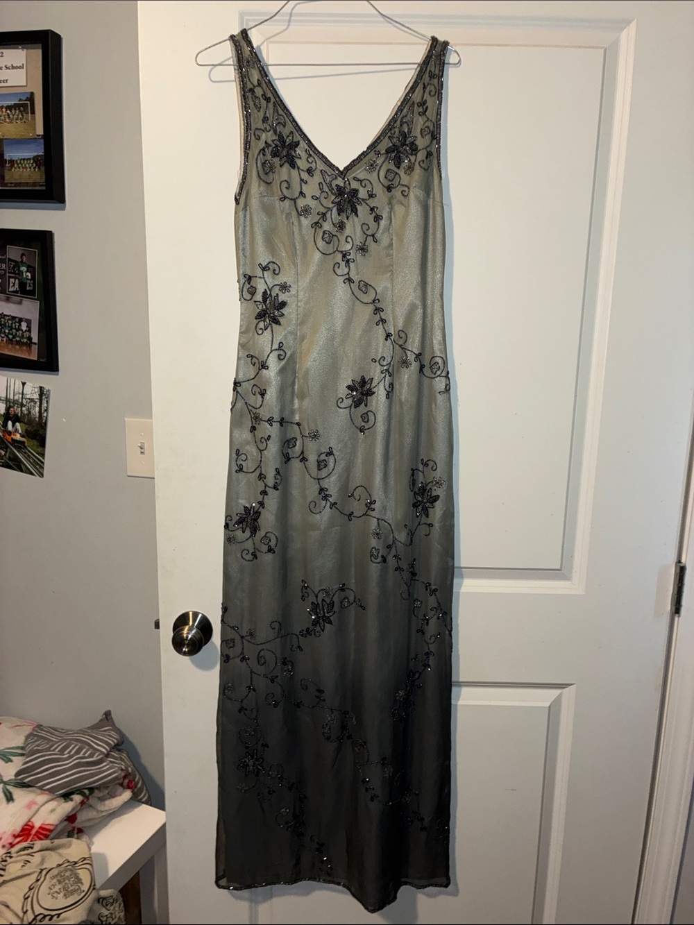 Scala Silver Evening Maxi Dress with Black Beaded Floral Embroidery